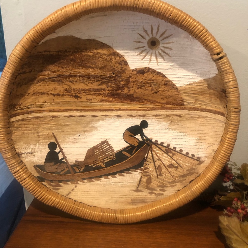 Handcrafted Rattan African  basket with Boat Scene